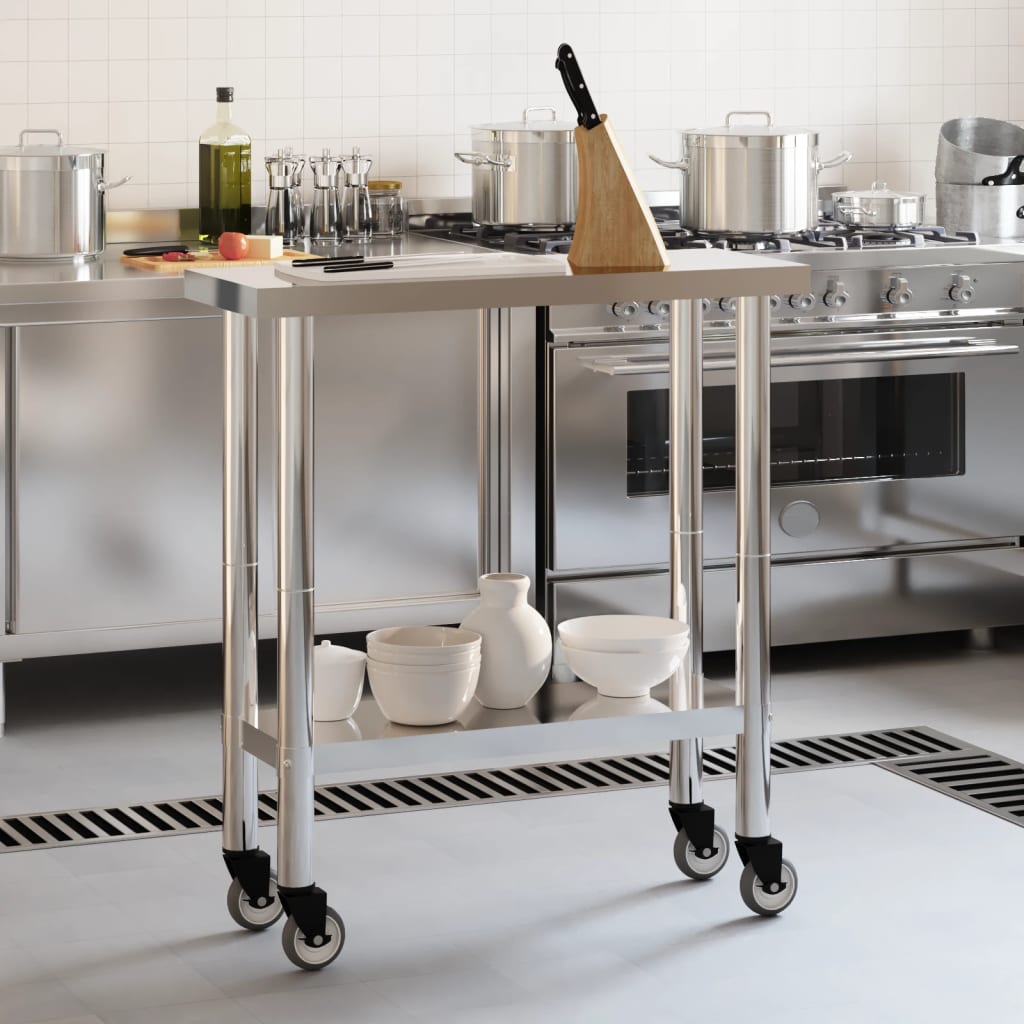 vidaXL Kitchen Work Table with Wheels 82.5x30x85 cm Stainless Steel