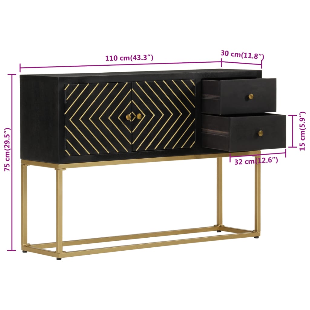 vidaXL Sideboard Black and Gold 110x30x75 cm Solid Wood Mango