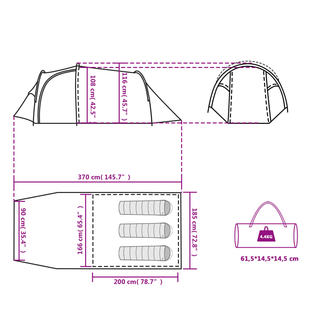 vidaXL Camping Tent Tunnel 3-Person Green Waterproof