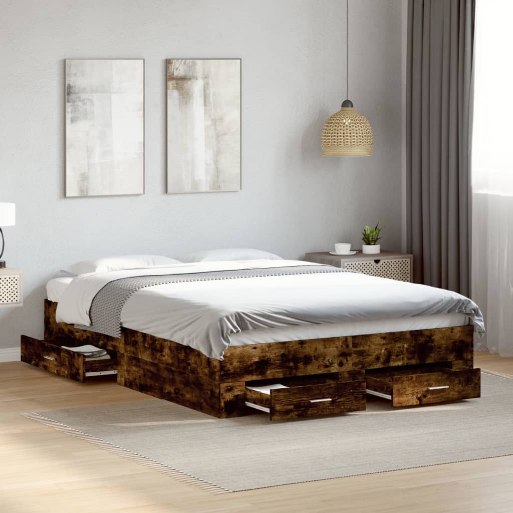 vidaXL Bed Frame with Drawers without Mattress Smoked Oak 140x190 cm