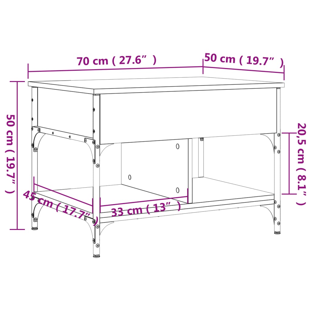 vidaXL Coffee Table Grey Sonoma 70x50x50 cm Engineered Wood and Metal