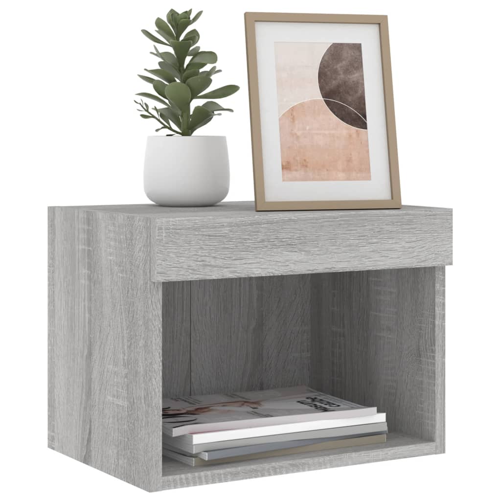 vidaXL Bedside Cabinet with LED Lights Wall-mounted Grey Sonoma