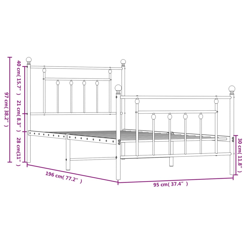 vidaXL Metal Bed Frame without Mattress with Footboard Black 90x190 cm Single