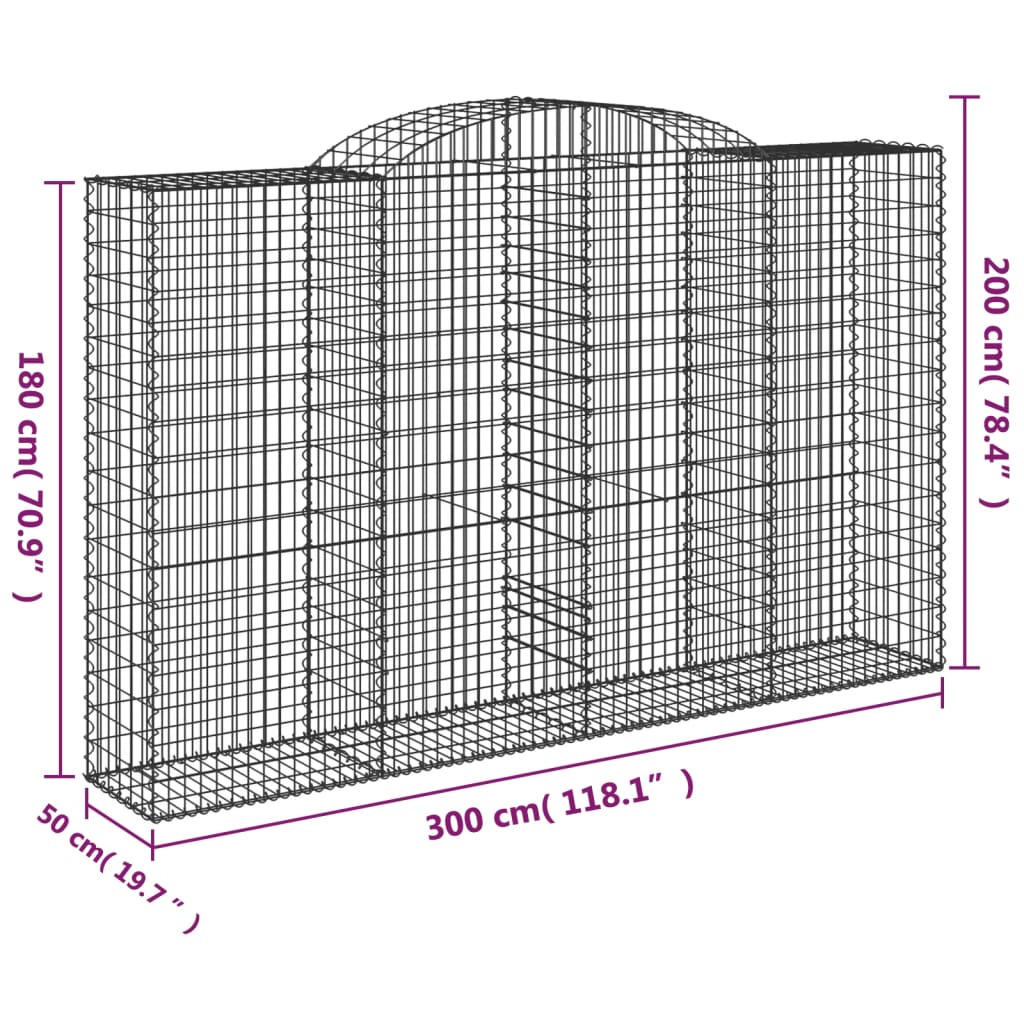 vidaXL Arched Gabion Basket 300x50x180/200 cm Galvanised Iron