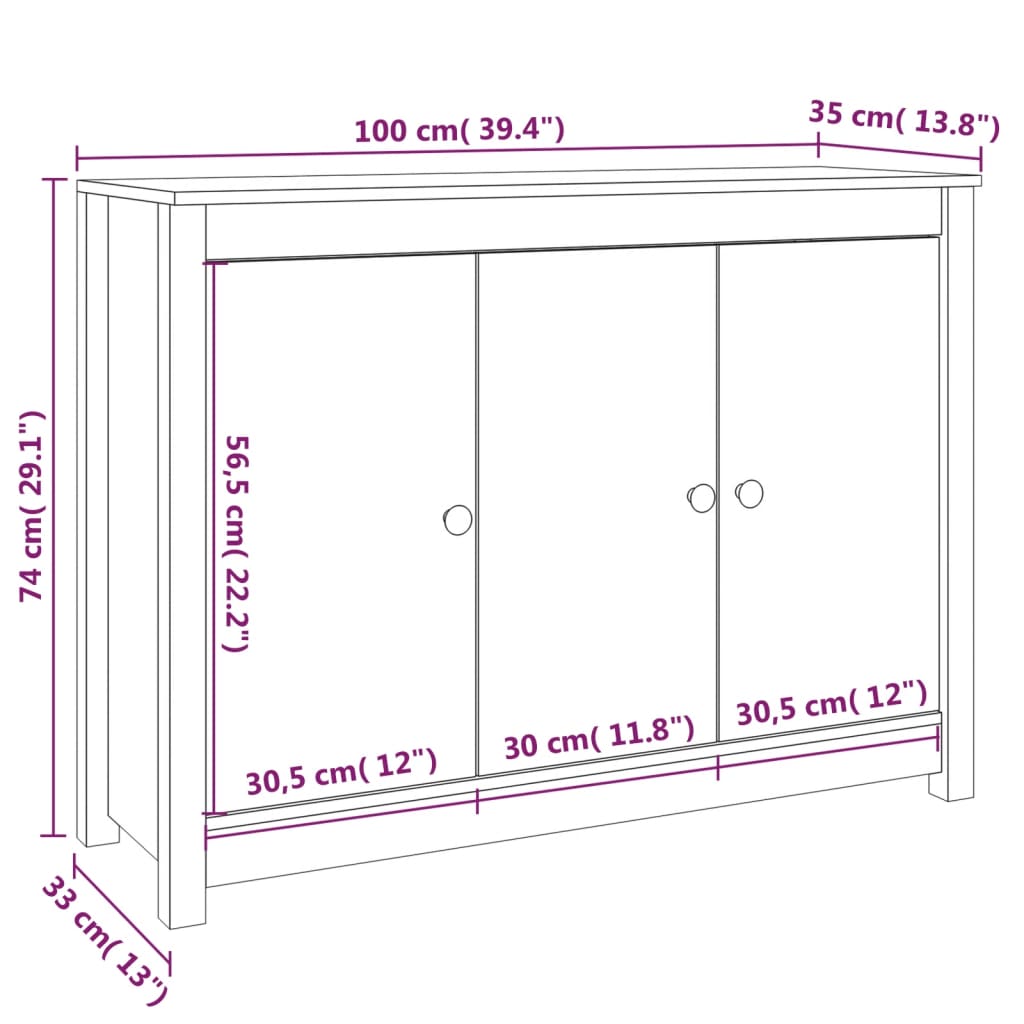 vidaXL Sideboard White 100x35x74 cm Solid Wood Pine