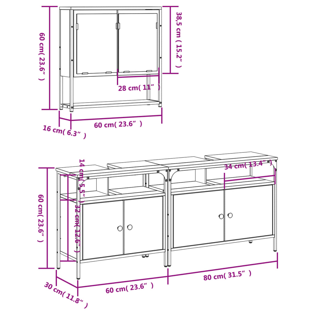 vidaXL 3 Piece Bathroom Furniture Set Smoked Oak Engineered Wood