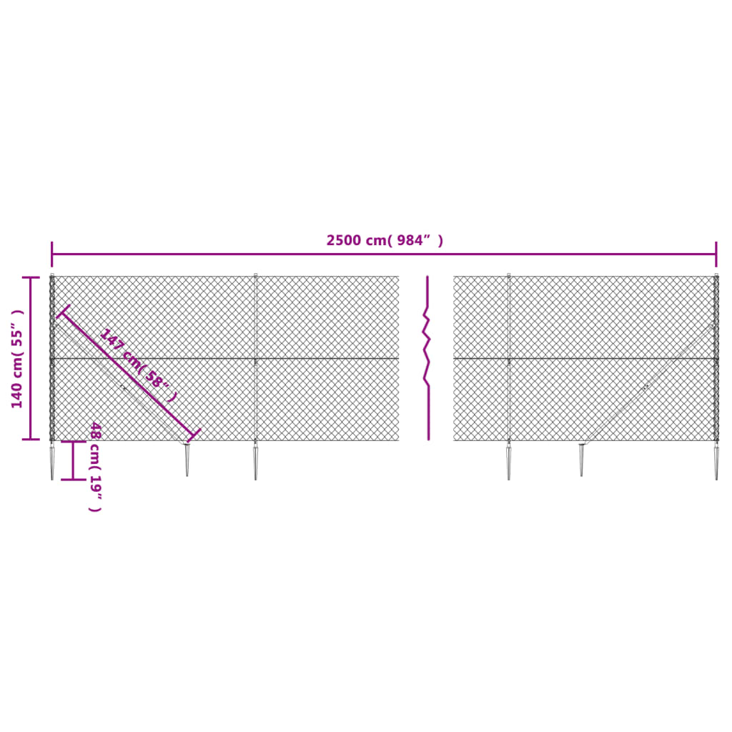 vidaXL Chain Link Fence with Spike Anchors Silver 1.4x25 m