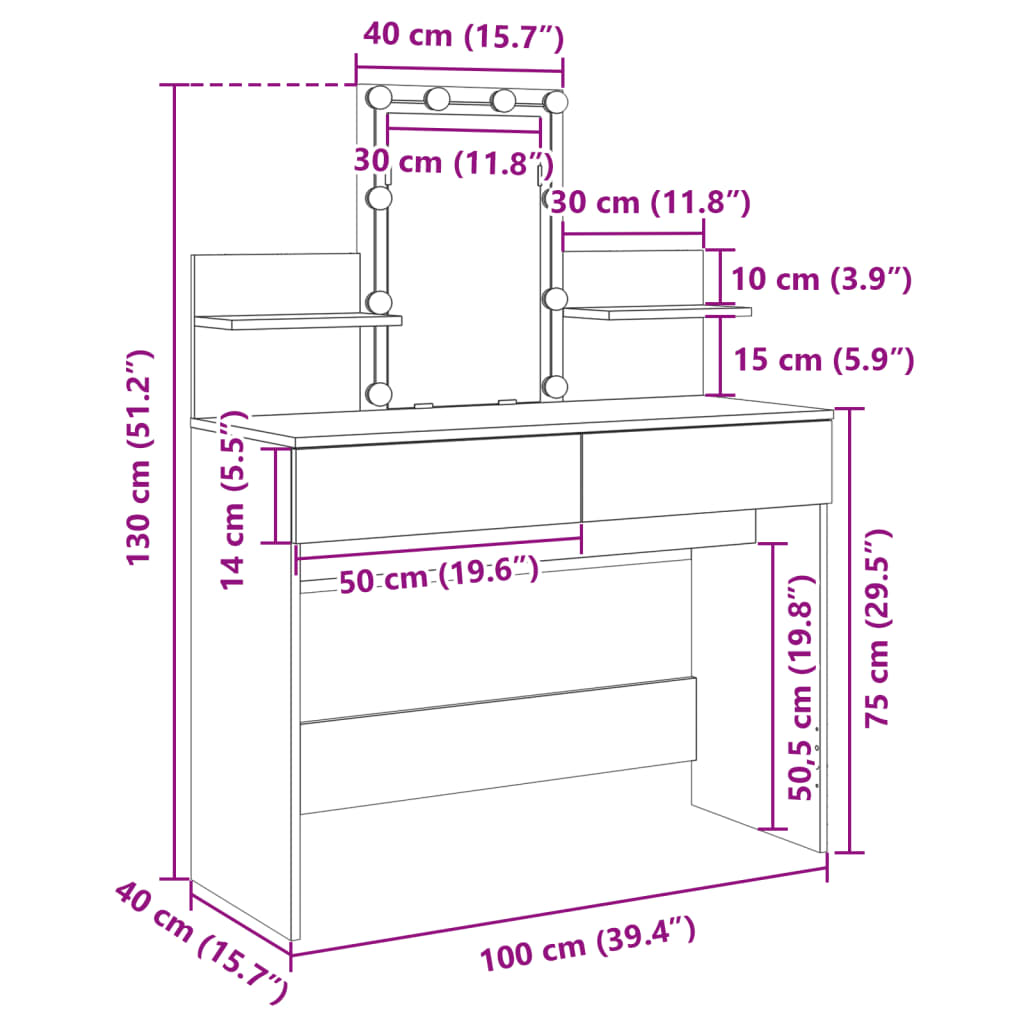 vidaXL Dressing Table with LED Smoked Oak 100x40x130 cm