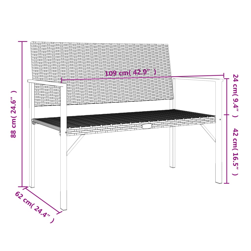 vidaXL 2-Seater Garden Bench Black Poly Rattan