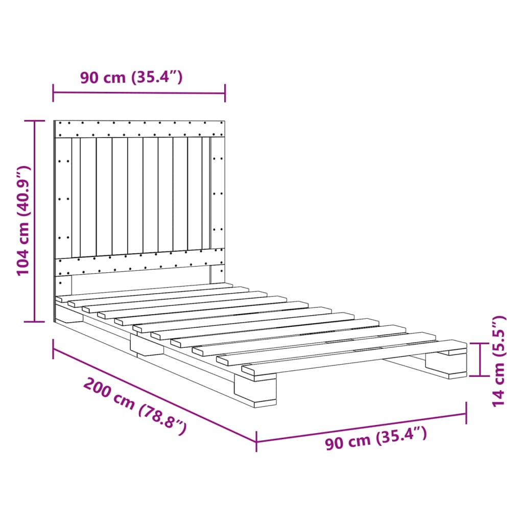 vidaXL Bed Frame with Headboard Grey 90x200 cm Solid Wood Pine