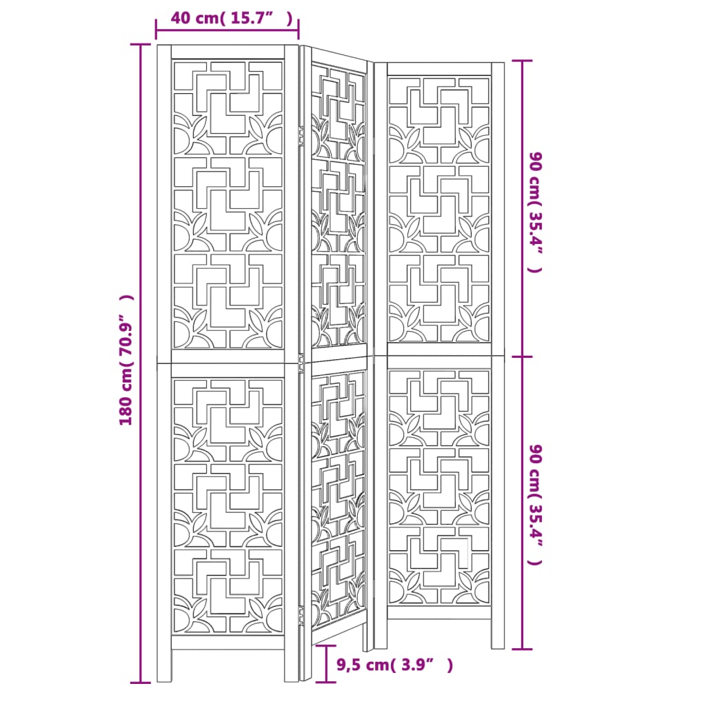 vidaXL Room Divider 3 Panels Brown Solid Wood Paulownia