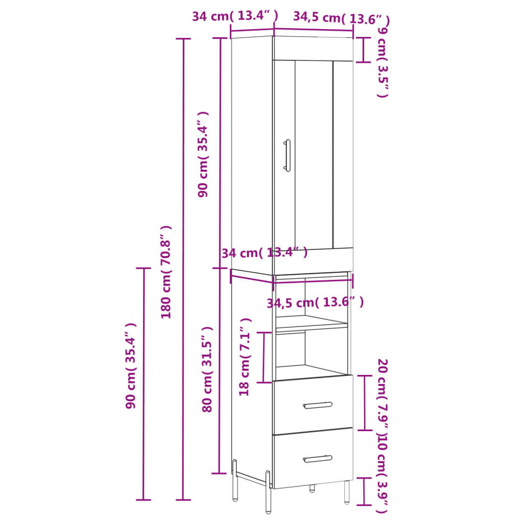 vidaXL Highboard White 34.5x34x180 cm Engineered Wood