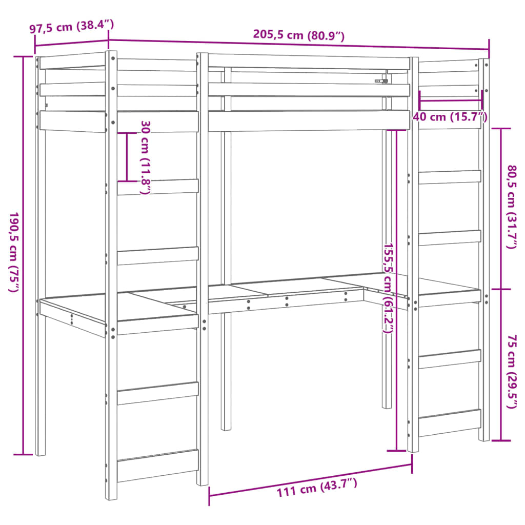 vidaXL Loft Bed Frame without Mattress 90x200 cm Solid Wood Pine