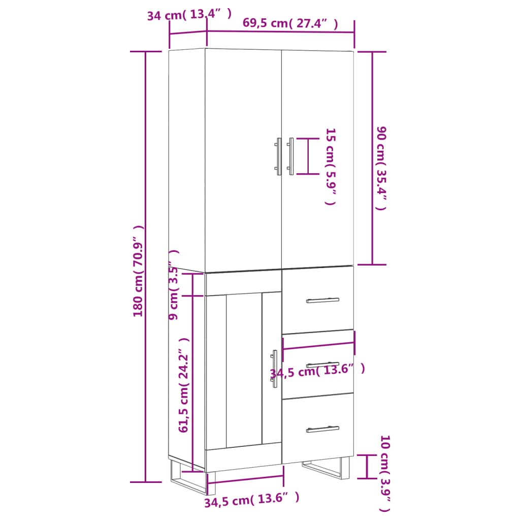 vidaXL Highboard White 69.5x34x180 cm Engineered Wood