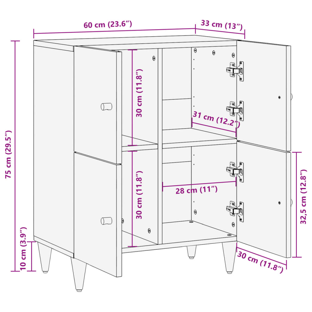 vidaXL Side Cabinet 60x33x75 cm Solid Wood Mango