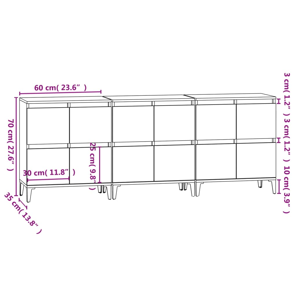 vidaXL Sideboards 3 pcs Grey Sonoma 60x35x70 cm Engineered Wood