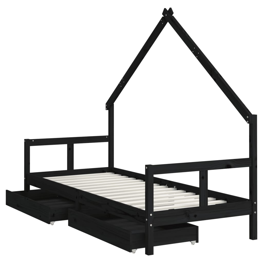 vidaXL Kids Bed Frame with Drawers Black 80x200 cm Solid Wood Pine