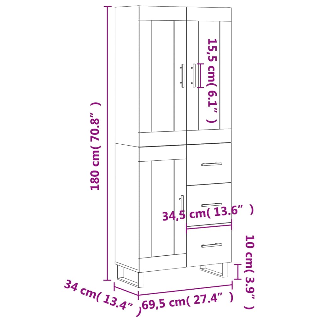 vidaXL Highboard Smoked Oak 69.5x34x180 cm Engineered Wood