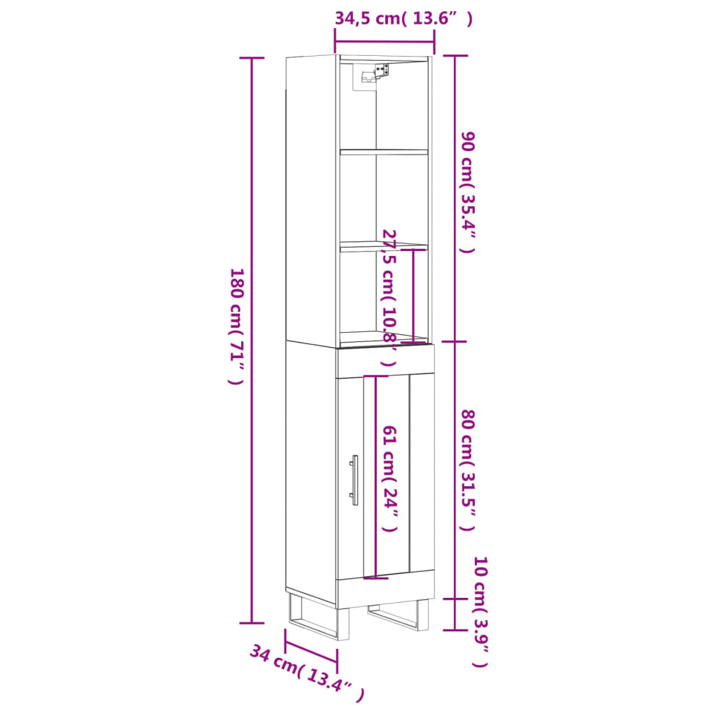 vidaXL Highboard White 34.5x34x180 cm Engineered Wood