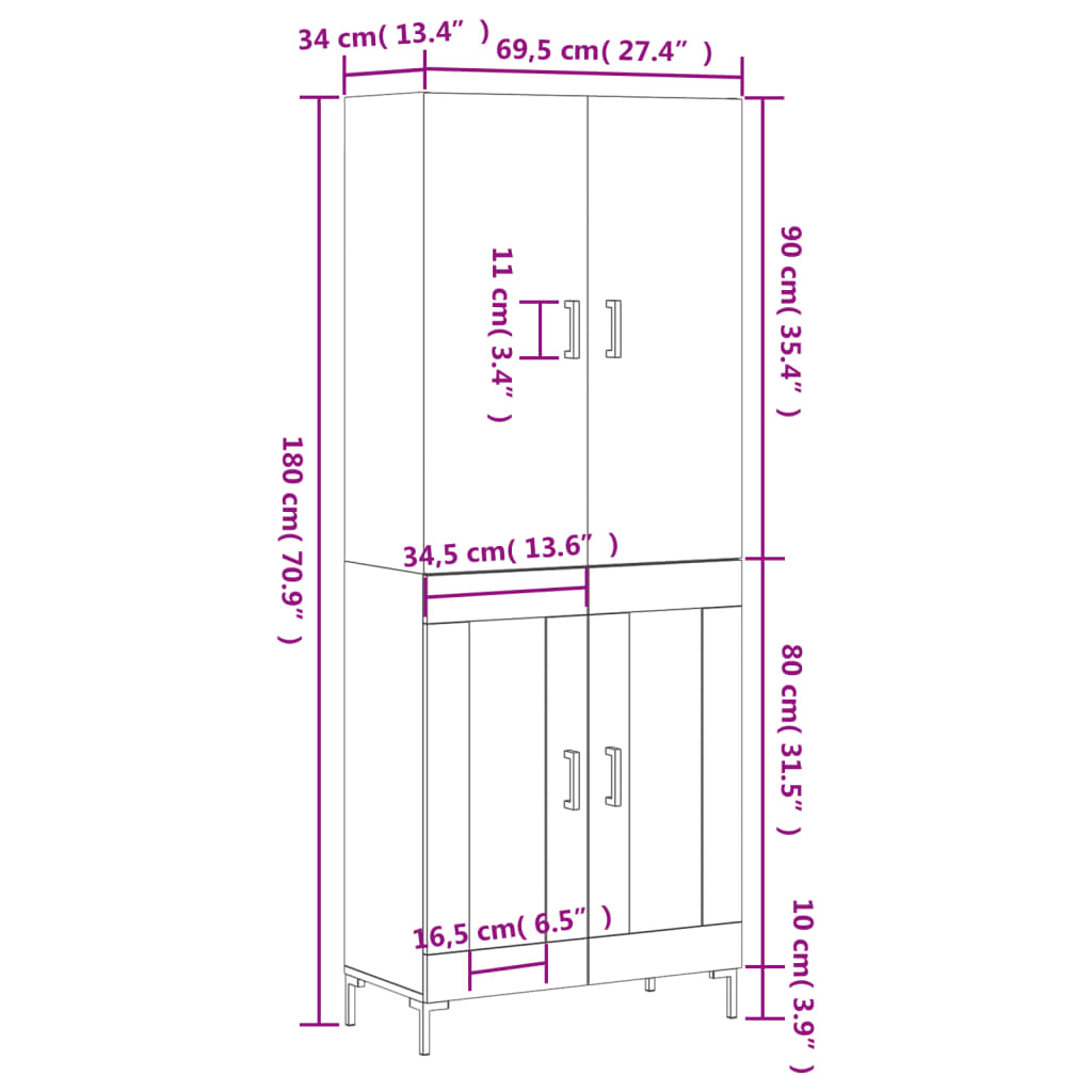 vidaXL Highboard Grey Sonoma 69.5x34x180 cm Engineered Wood