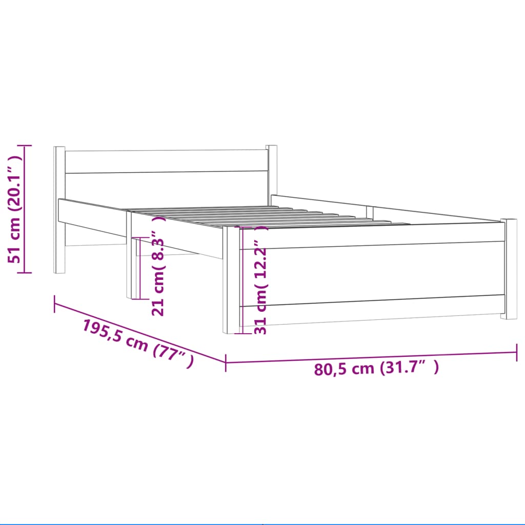 vidaXL Bed Frame without Mattress Black Solid Wood 75x190 cm Small Single