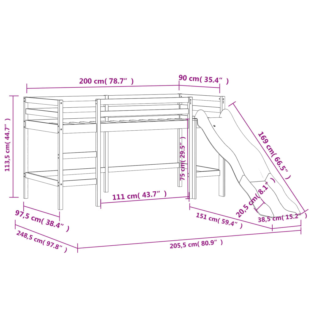 vidaXL Kids' Loft Bed with Curtains without Mattress Blue 90x200 cm