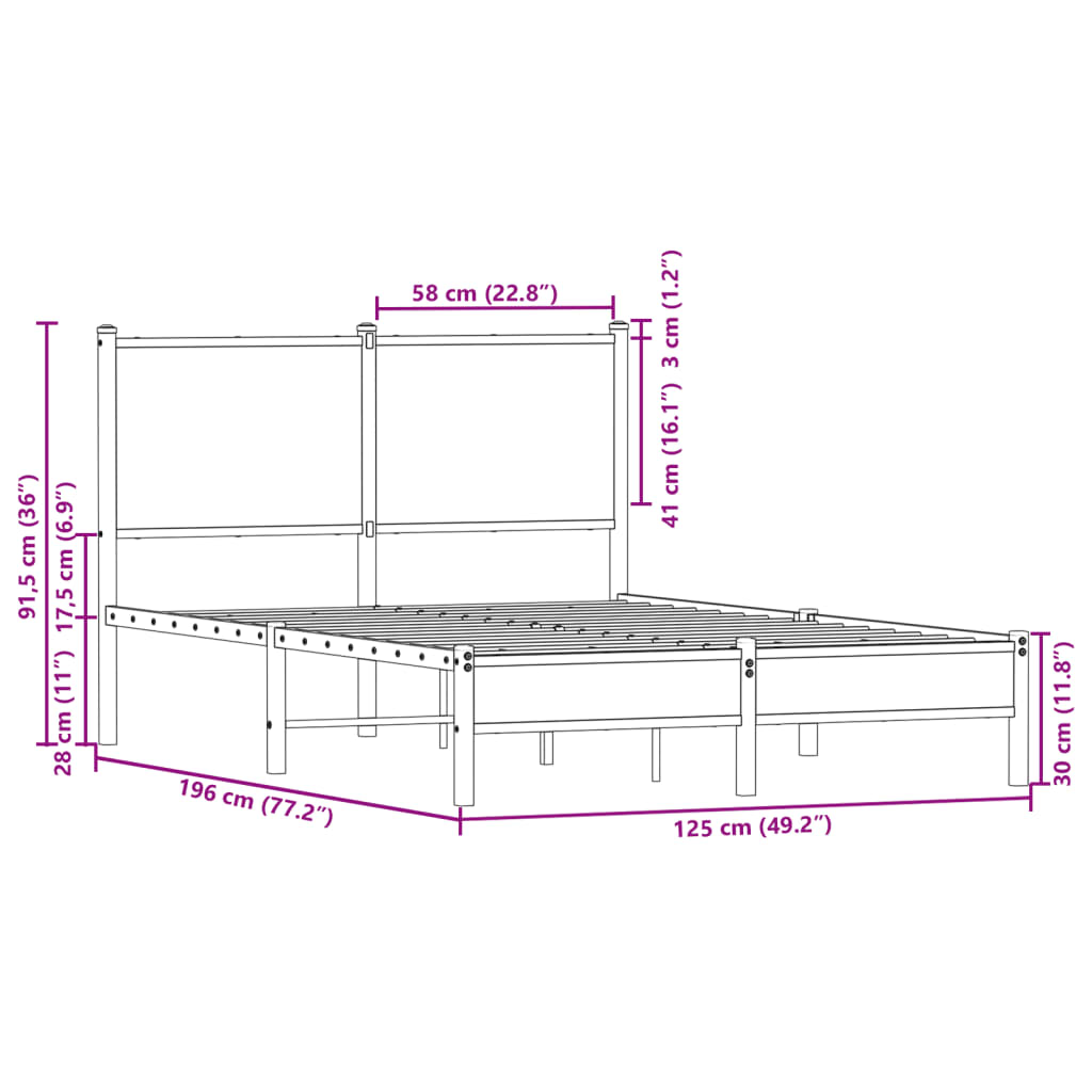 vidaXL Metal Bed Frame without Mattress Brown Oak 120x190 cm Small Double