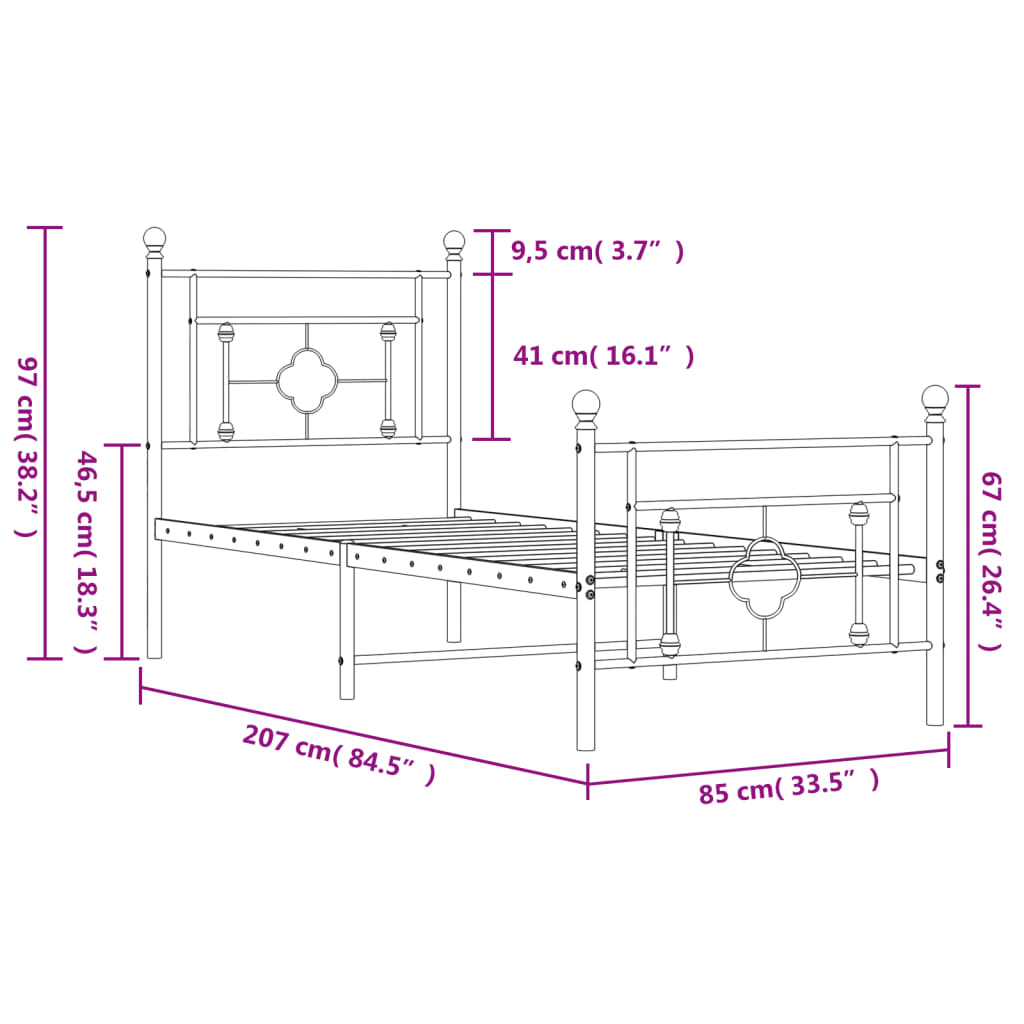 vidaXL Metal Bed Frame without Mattress with Footboard Black 80x200 cm