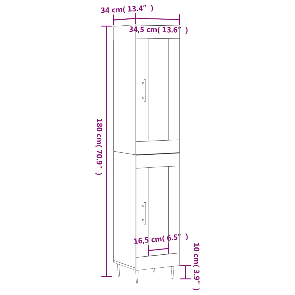 vidaXL Highboard High Gloss White 34.5x34x180 cm Engineered Wood