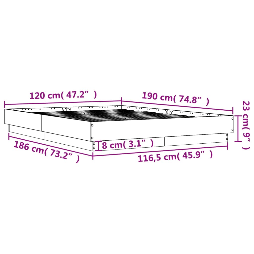 vidaXL Bed Frame with LED without Mattress Grey Sonoma 120x190 cm Small Double