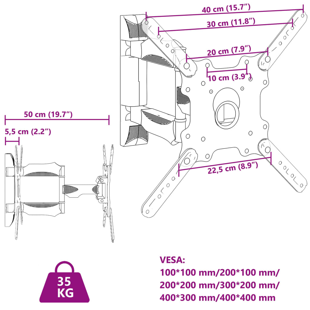 vidaXL TV Wall Mount for 32-55 Inch Screen Max VESA 400x400 mm 35kg