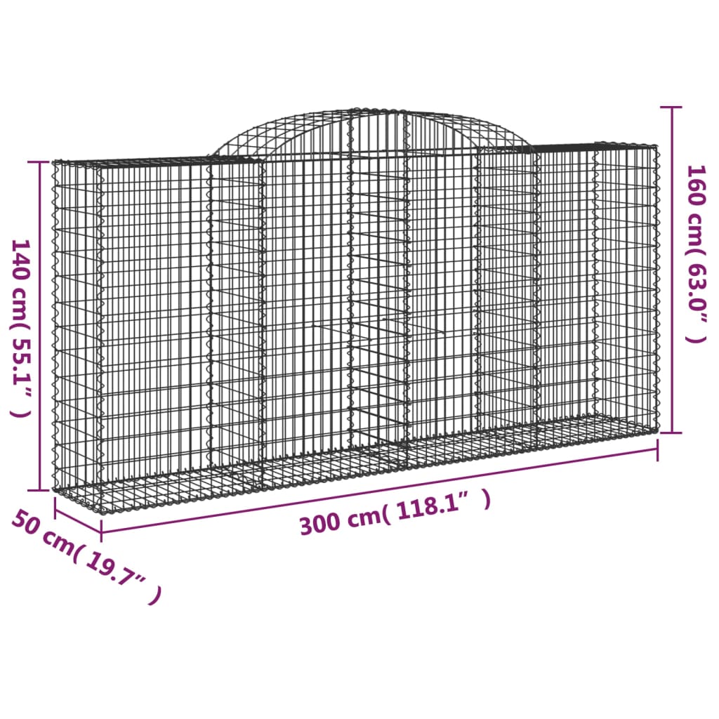 vidaXL Arched Gabion Baskets 11 pcs 300x50x140/160 cm Galvanised Iron