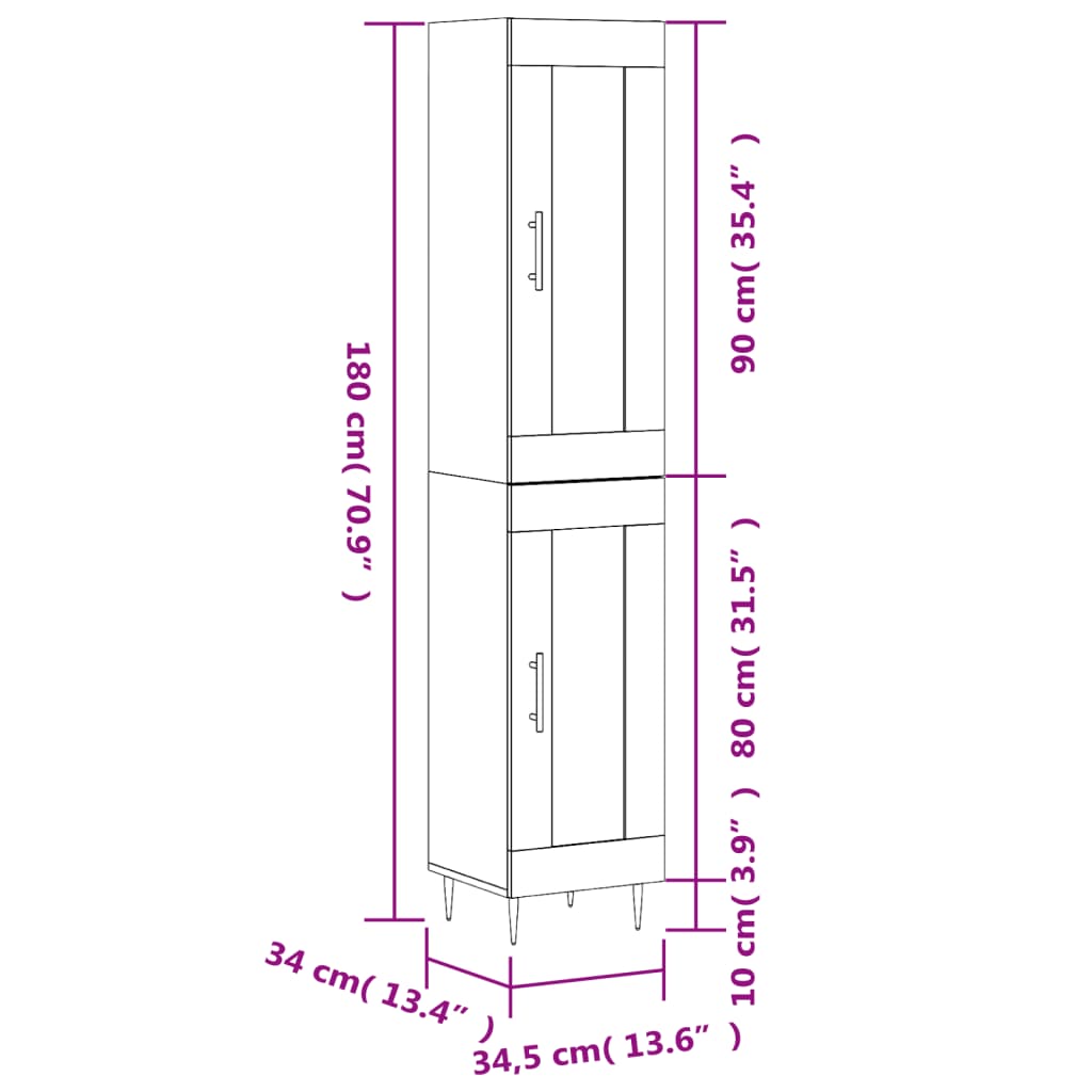 vidaXL Highboard Grey Sonoma 34.5x34x180 cm Engineered Wood