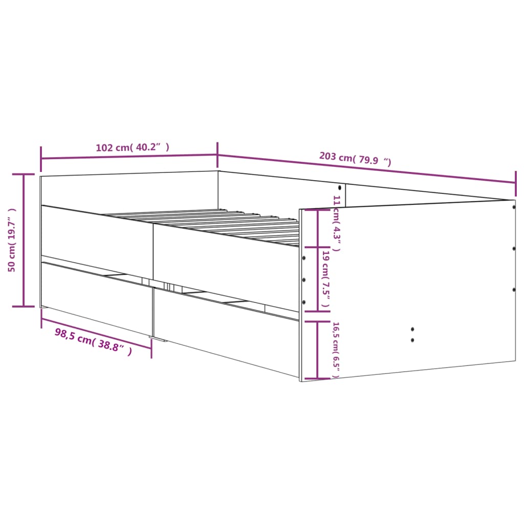 vidaXL Bed Frame with Drawers without Mattress Grey Sonoma 100x200 cm