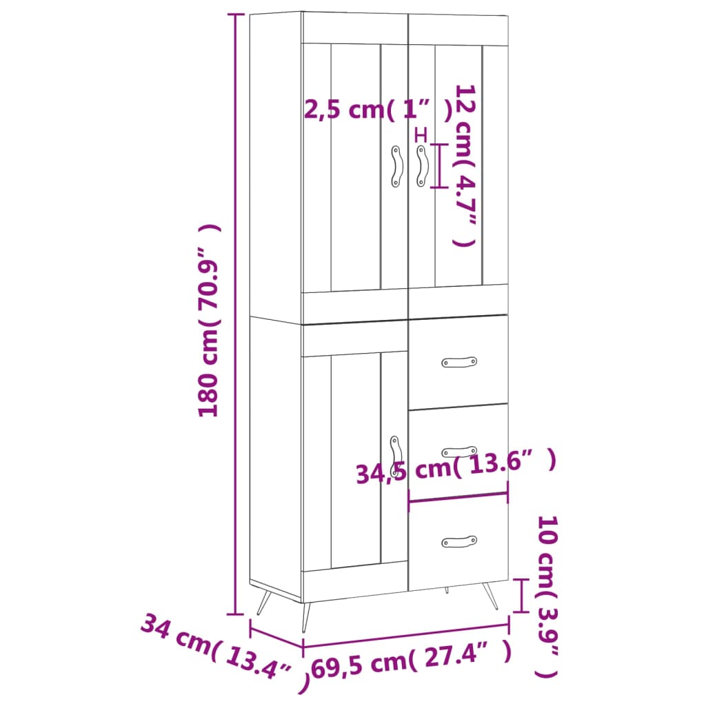 vidaXL Highboard High Gloss White 69.5x34x180 cm Engineered Wood