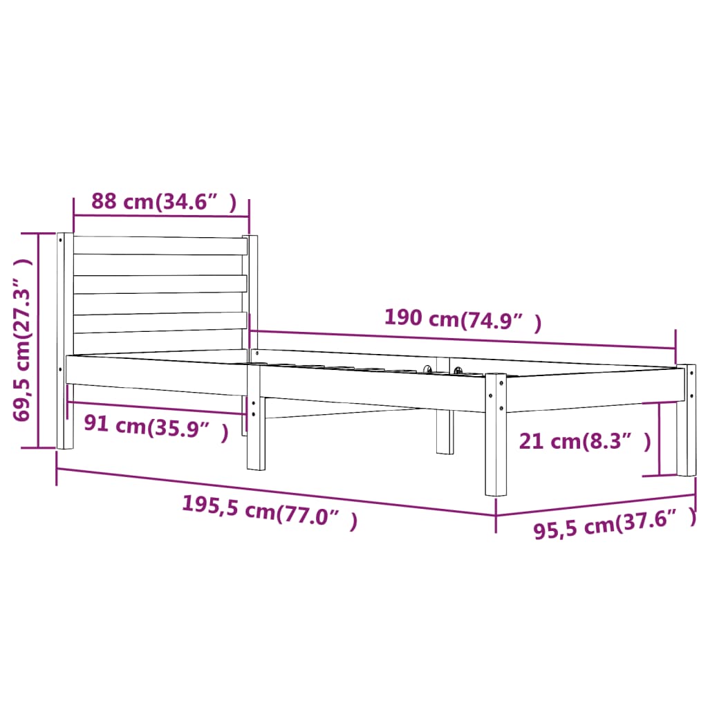 vidaXL Bed Frame without Mattress 90x190 cm Single White Single