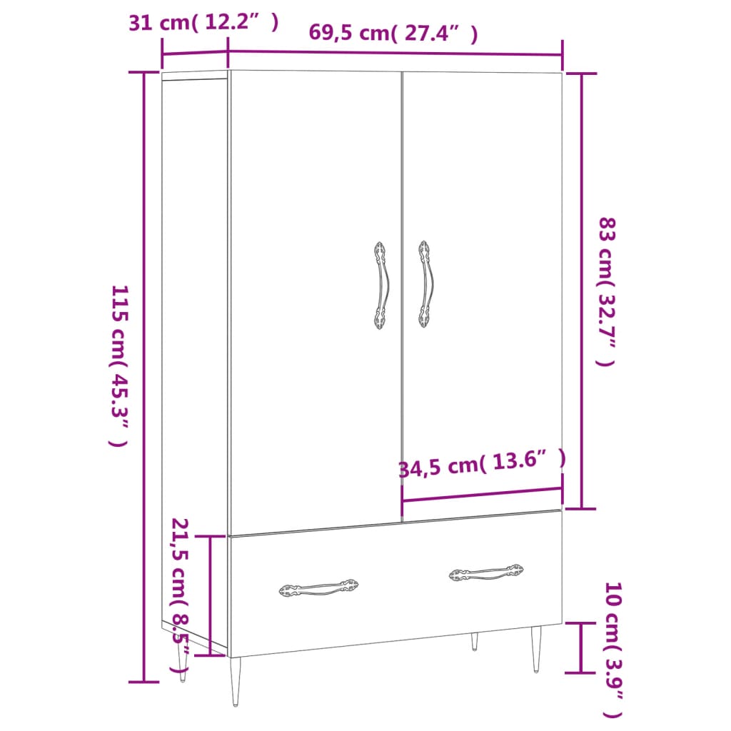 vidaXL Highboard High Gloss White 69.5x31x115 cm Engineered Wood