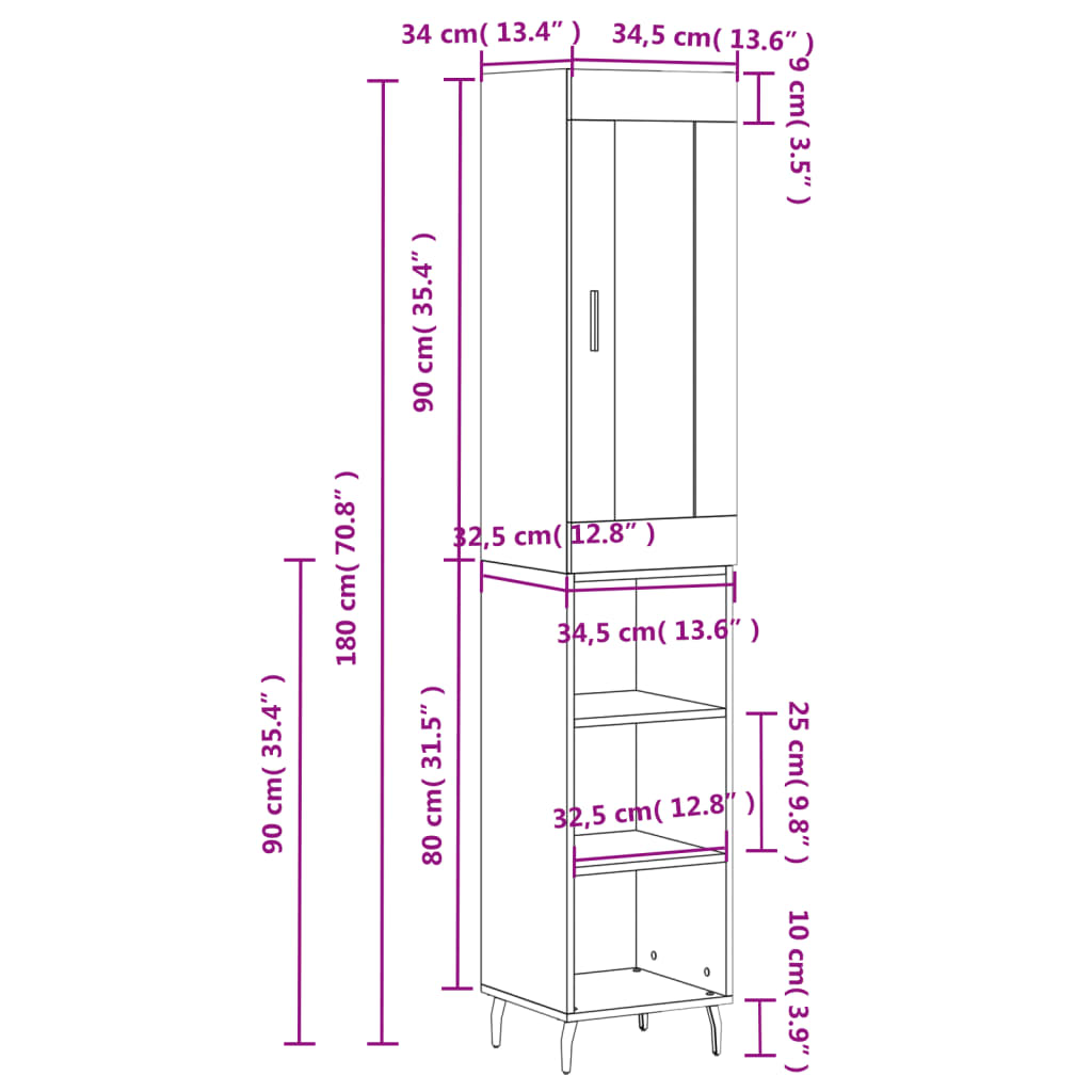 vidaXL Highboard Smoked Oak 34.5x34x180 cm Engineered Wood