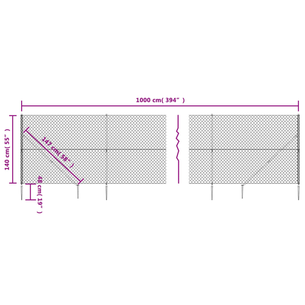 vidaXL Chain Link Fence with Spike Anchors Silver 1.4x10 m