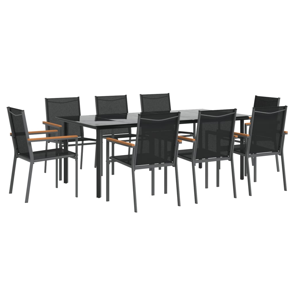 vidaXL 9 Piece Garden Dining Set Black Textilene and Steel