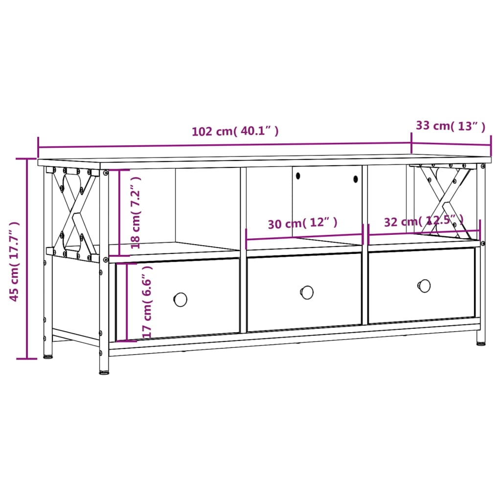 vidaXL TV Cabinet Brown Oak 102x33x45 cm Engineered Wood&Iron