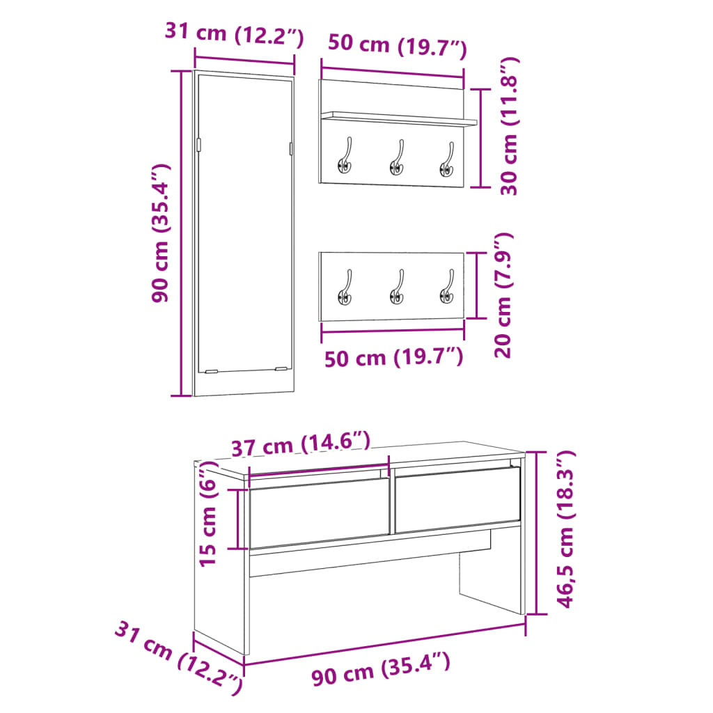 vidaXL 4 Piece Hallway Furniture Set Concrete Grey Engineered Wood