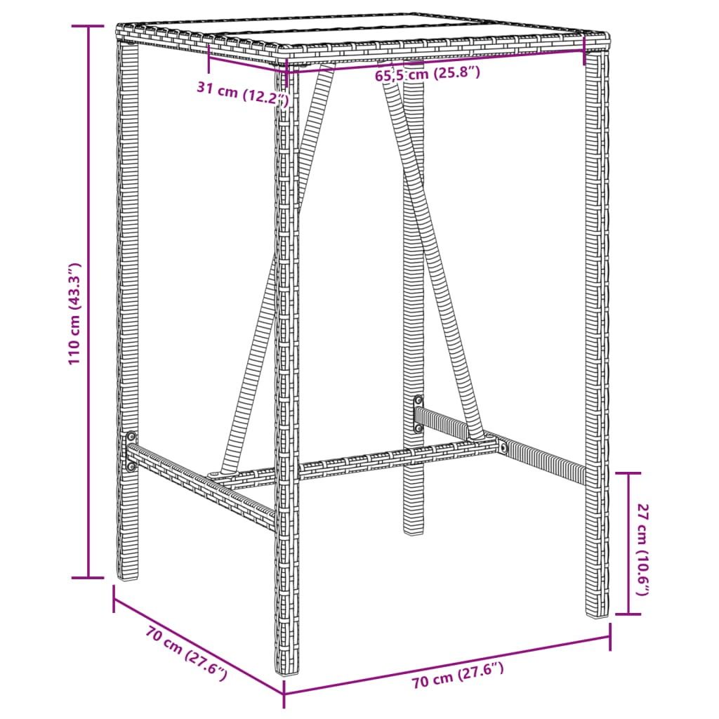 vidaXL Outdoor Bar Table Grey 70x70x110 cm Poly Rattan