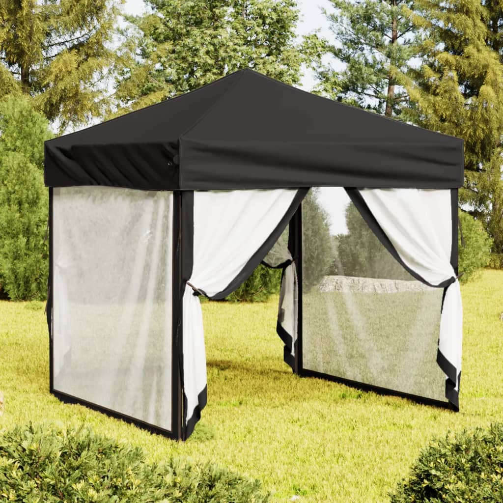 vidaXL Folding Party Tent with Sidewalls Black 2x2 m