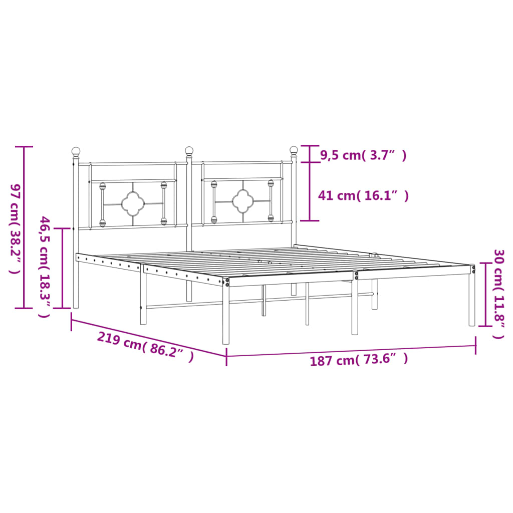 vidaXL Metal Bed Frame without Mattress with Headboard Black 183x213 cm