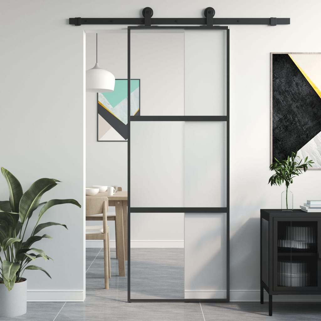 vidaXL Sliding Door Black 76x205 cm Tempered Glass and Aluminium