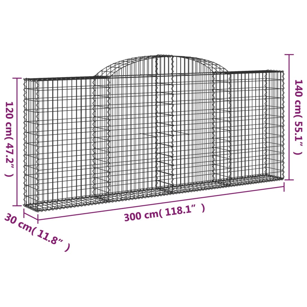 vidaXL Arched Gabion Baskets 7 pcs 300x30x120/140 cm Galvanised Iron