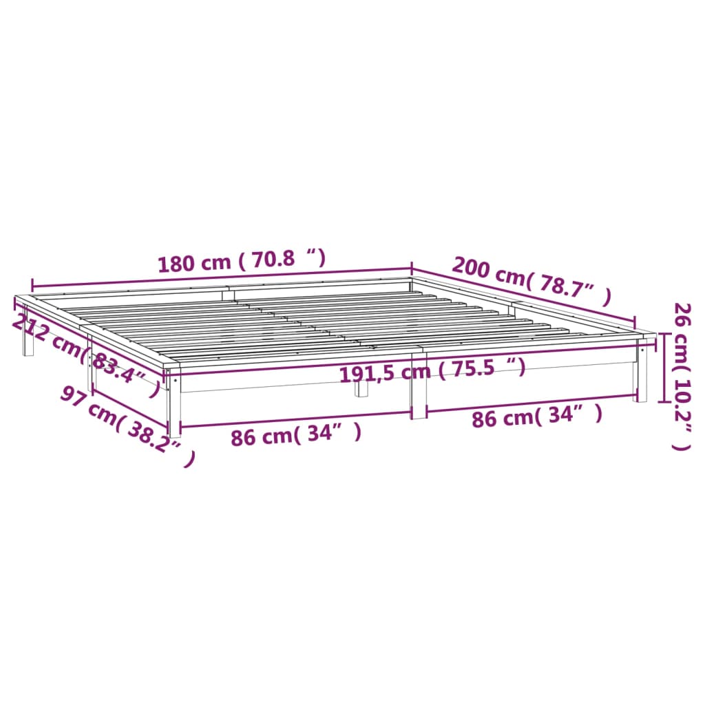 vidaXL LED Bed Frame without Mattress Grey 180x200 cm Super King Solid Wood