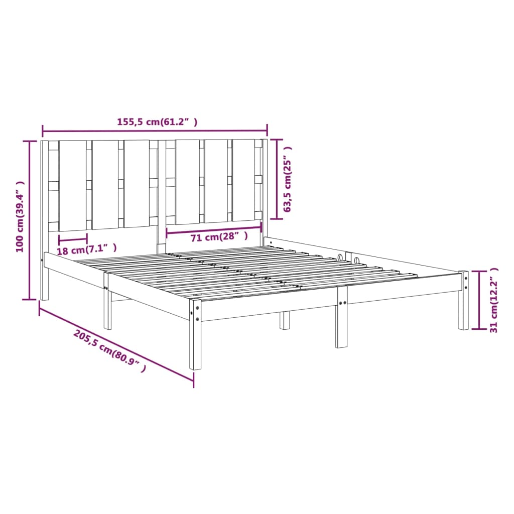 vidaXL Bed Frame without Mattress Black 150x200 cm King Size Solid Wood