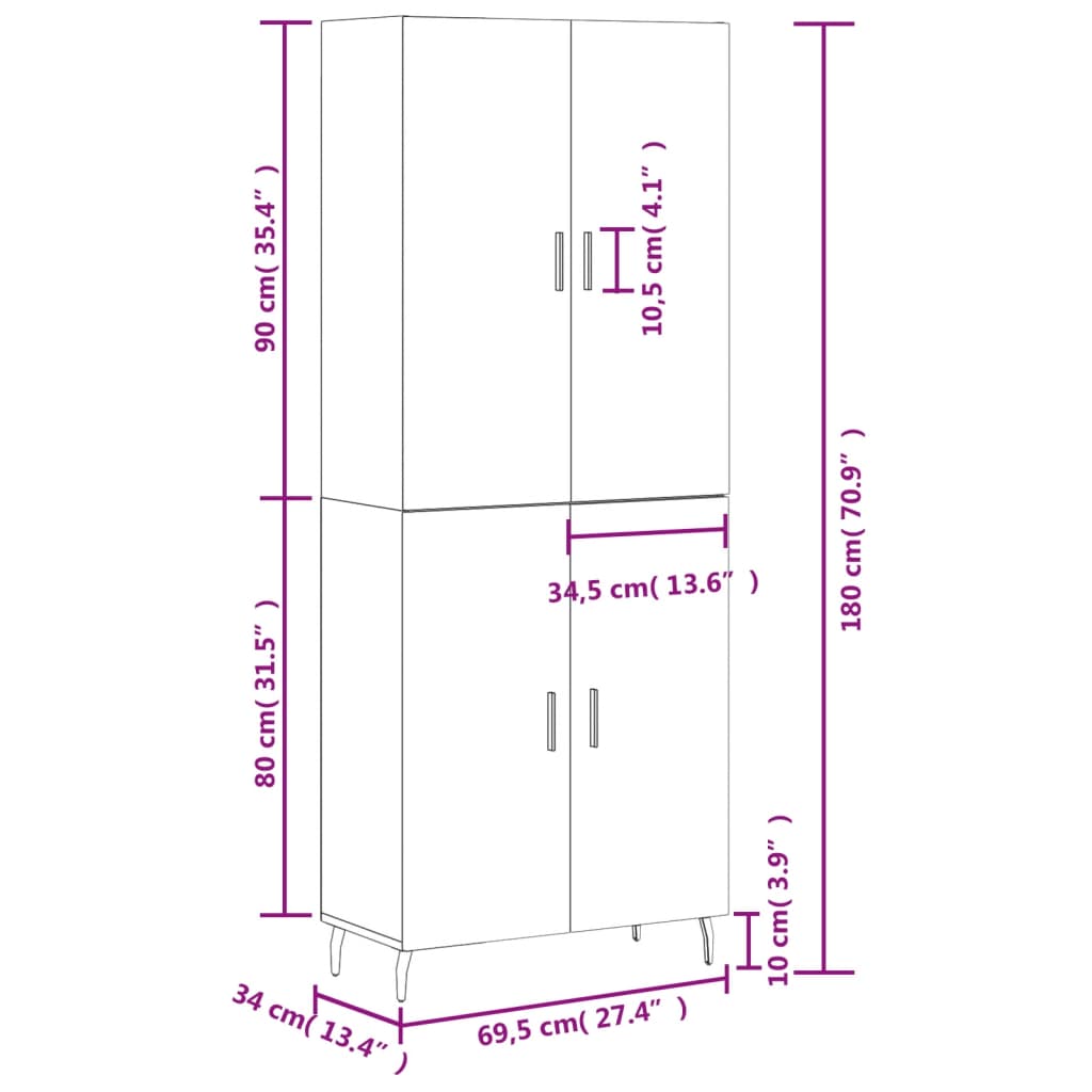 vidaXL Highboard Grey Sonoma 69.5x34x180 cm Engineered Wood